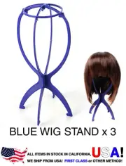 3 of Blue Plastic Light Wig Hair Holders Stand Folding Hat Cap Durable Display