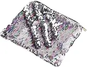 Double-Sided Glitter Pencil Case Reversible Sequin Zipper Pencil Pouch for Cosmetic Makeup Organizer Bag Purse for Women (Silver+Rainbow)