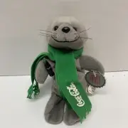 NWT vintage Coca Cola Bean Bag Plush Seal Green Scarf. Style#0123 Circa 1998