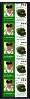 AUSTRALIAN TEST CRICKET CAPTAIN STRIP OF 10 MINT VIGNETTE STAMPS, BRADMAN 1