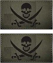 2 PCS AliPlus Pirate Flag Patches Jolly Rodger Flag Patches IR Infrared Reflective Patch Laser Cut Tactical Morale Patch Applique Fastener Hook and Loop(Green)