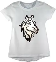 [Aelstores] Girls Horse Animal T-Shirt Brush Changing Sequin Short Sleeve Tee Top Colour: White Horse - Size: 3-4 Years