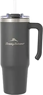 [Tommy Bahama] Vacuum Insulated Water Bottle with Straw - Double-Wall Stainless Steel, BPA Free, Keep Drinks Warm for 6 Hours or Cold for 12 Hours - Charcoal, 30oz