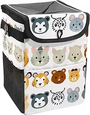Car Trash Can with Lid and Storage Pockets Leak-Proof Organizer,Waterproof Garbage Can,Cartoon Animal Eye Face