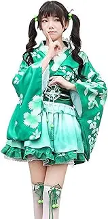 [Resnan] Japanese Kimono Costumes Floral Print Skirt Lolita Outfit Yukata Halloween Women Adult Short Mini Dress With Obi Belt