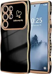 [ELEPIK] for Samsung Galaxy S22 Ultra Case for Women Girls, Cute Wave Frame Curly Shape with Love Heart, Raised Camera Protection, Luxury Plating Shockproof for Galaxy S22 Ultra Phone Case, Black