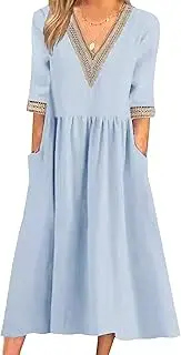 [Generic] Women's V-Neck 3/4 Sleeve Midi Dresses Cotton Linen Flowy Short Sleeve Dress Casual Summer Solid Sundress