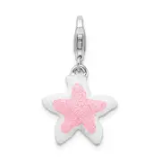 Sterling Silver Amore La Vita Rhodium-Plated Enameled Pink Sparkle Starfish Charm With Fancy Lobster Clasp