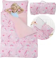 Toddler Nap Mat with Detachable Pillow & Blanket - Soft Plush Minky Fleece Kids Sleeping Bag for Daycare, Preschool & Travel - Portable Roll-Up Design with Carry Handle - Boys Girls Ages 3+