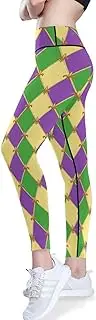 [GuoChe] Yoga Leggings for Women Printed Cute Mardi Gras Green Plaid Purple Yellow Soft Leggings Women Tummy Control