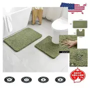 Ultra-Absorbent Sage Bath Mat Set - Fluffy Non-Slip U-Shaped & Rectangular Rugs