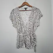 NWT Banana Republic Womens M Short Sleeve Linen Wrap Top In Zebra Print