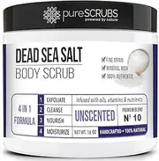 pureSCRUBS Premium Unscented Body Scrub Set - Large 16oz Dead Sea Salt Body Scrub With Infused Essential Oils & Nutrients, Includes Wooden Spoon, Loofah & Oatmeal Exfoliating Bar Soap