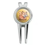Kawaii Cute Cat with Fish in Mouth Golf Divot Repair Tool and Ball Marker