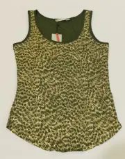 Oasis Women's Foil Print Feather Sleeveless Tank Top LV5 Green/Gold Small NWT