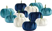 #N/A 12x Small Velvet Pumpkins Artificial Pumpkins Bulk Blue White Decorative Pumpkins for Autumn Halloween Holiday Party Supplies