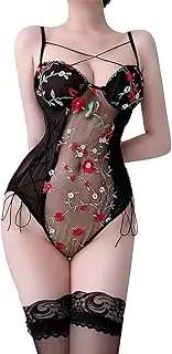 [Zylphorix] Women's Sexy Lace Embroidered Lingerie Deep V Floral One Piece Babydoll Lace Bodysuit Mini Teddy Underwires