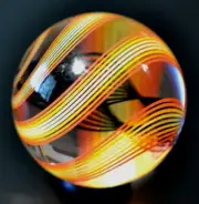 KRIS PARKE GLASS MARBLE/1.605"-BLACK DOUBLE HELIX-2 TORNADOES,YELLOW,ORG,CRIMSON