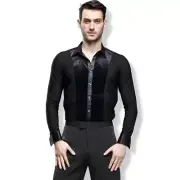 Mens Black Velvet Dance Shirt Salsa Modern Samba Latin Top Blouse Practice Party