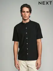 Black Texture Button Through Grandad T-Shirt (AT9532) | $44