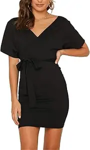 [PRETTYGARDEN] Women's Casual Wrap V Neck Backless Short Sleeve Bodycon Pencil Mini Dresses with Belt, Black