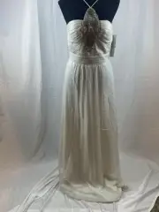 New Aidan Mattox Chiffon Ivory Long Shimmer Beaded Necklace Gown Women’s Size 2