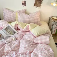 在飛比找蝦皮商城精選優惠-日式粉色格子床包組 簡約格子床包四件組 水洗棉磨毛床包組 裸
