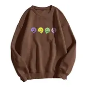 Nevenka Womens Smiley Face Sweatshirts Crewneck Loose Pullover-Coffee
