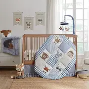 Levtex Baby - Forest Friends Crib Bed Set - Baby Nursery Set - Gingham - Blue and White - Animal Portraits - 5 Piece Set Includes Quilt, Two Fitted Sheets, Wall Decal & Skirt/Dust Ruffle