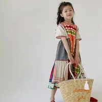 在飛比找蝦皮商城精選優惠-女童洋裝 兒童拼接花邊民族風裙子 女寶寶短袖個性長裙