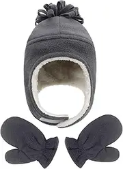 [Malaxlx] Baby Toddler Sherpa Hats and Mittens Set Winter Warm Kids Pilot Hat Fleece Lined Earflap Aviator Hat Trapper Hat Gloves Set for 3 Months-8 Years Boys Girls
