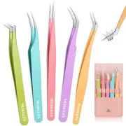 5pcs Eyelash Extension Tweezers High Precision, Straight and Curved Volume La...