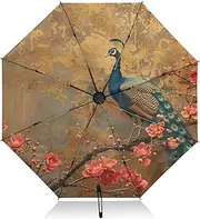 [PDZRMY] UV Protection Travel Umbrella Peacock Branch Cherry Compact for Rain and Sun - Auto Open and Close UPF 50+ Windproof Portable 46” Sun Umbrella for Women and Men