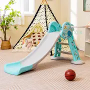 CostwayFolding Slide Playset with Basketball Hoop and Small Basketball for Kids-Blue