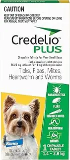 Credelio PLUS Dog Flea and Tick Treatment, Single Pack, Ticks, Fleas, Mites, Heartworm and Worms Parasite Protection, in The Smallest Monthly Chewable Tablet for Dogs from 1.4-2.8 kg, 1 Pack