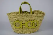 NEW Authentic JIMMY CHOO Beach Basket Bag Raffia Leather Citron Crossbody Logo