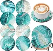 8 Pcs Diamond Art Painting Coasters with Holder, DIY Teal Marble Ocean Diamond Art Coasters for Drinks Diamond Art Painting Kits for Beginners, Diamond Kits Craft Supplies for Adults Kids, Coasters