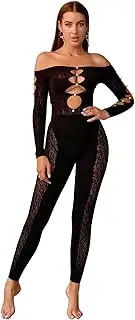 Walang Damen Sexy Glitzer Rave Outfits Fischnetz Langarm Eng Einteiler mit Hellen Künstlichen Perlen Einheitsgröße