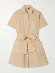 [LOEWE] LOEWE - + Paula's Ibiza Belted Appliquéd Cotton-blend Mini Shirt Dress - Light brown - FR 34 FR 34 Brown