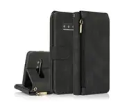 For Samsung Galaxy S10 Plus Case, Leather Zipper Purse Flip Cover Case with Card Slot Holder Wrist Strap Lanyard (Black)