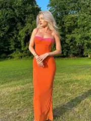 2024 Color Block Slips Sleeveless Patchwork Lace Slit Sexy Slim Maxi Dr