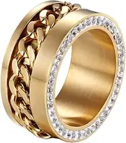 [PAURO] Women's Stainless Steel Rotating Chain Inlay Design Side with Zircon Wedding Band Ring
