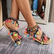 [Shot Case] Sandals for Women Roman Retro Bohemian Gladiator Fringe Tassel Casual Sandals Flat Clip Toe Summer Tassel Flip Flop Flat Slippers,Colorful,US7/EU38