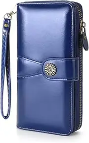 [SlowTon] Women's Wallet Zippered PU Leather Wallets Patchwork Zip Around Wallets Large Capacity Credit Card Holder with Grip Hand Strap and Metal Clasp for Girls Ladies Women