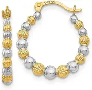 [JewelryWeb] 14k Yellow Gold Textured Hinged post and Rhodium Beaded Hoop Earrings 18x16mm Wide 3mm Thick-Hoop Earring for Women
