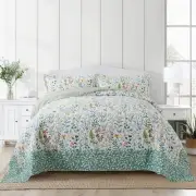 Cotton Bedspread Quilt Sets-Reversible Patchwork California King Green Floral