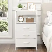 Advwin Set of 2 Bedside Table 3 Fabric Drawers Nightstand Side Table with Storage Shelf White