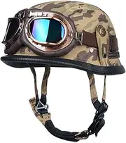Personality German Style Motorcycle Half Helmet Retro Leather Open Face Half Shell Helmet + Goggles DOT Approved Men & Women Street Cruiser Scooter Jet Helmets