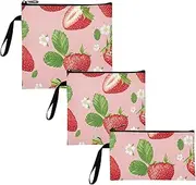 Yoogain Sweet Strawberries Fruit Blush Pack of 3 Reusable Travel Snack Bags Portable Emergency Snacks Makeup Bag for Candy, fruits, Cereal, Home Organization