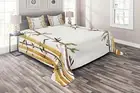 Asian Quilted Coverlet & Pillow Shams Set, Hand Drawn Bamboos Leaf Print